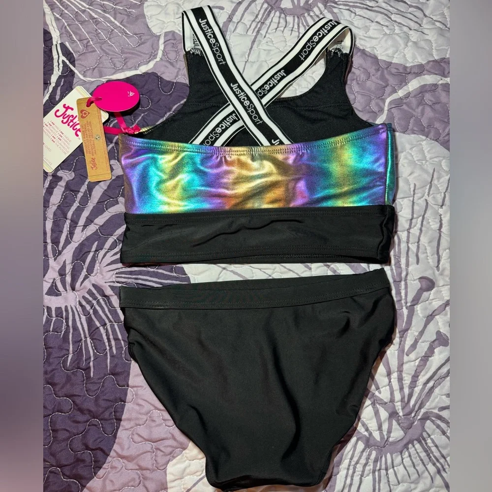 Girls Justice 2 Piece Holographic Color Block Bikini Swimsuit Sz Medium (10) NWT